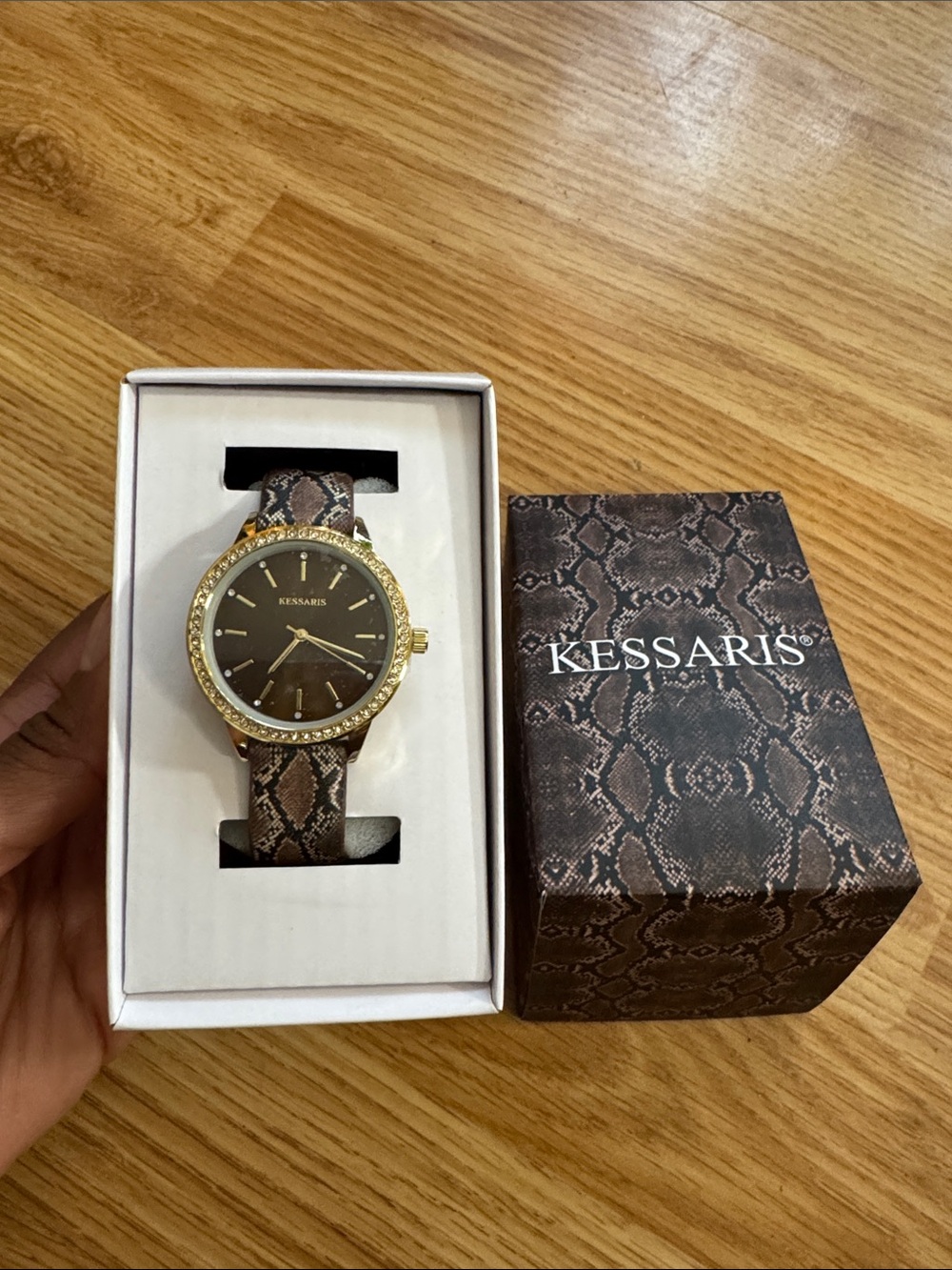 Kessaris Gold Watch with Brown Snake-Print Strap 🔅 NIB